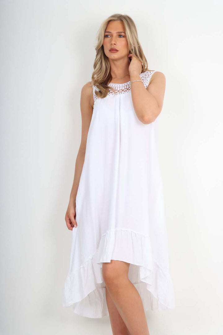 Italian Lace Neckline Dipped Hem Dress