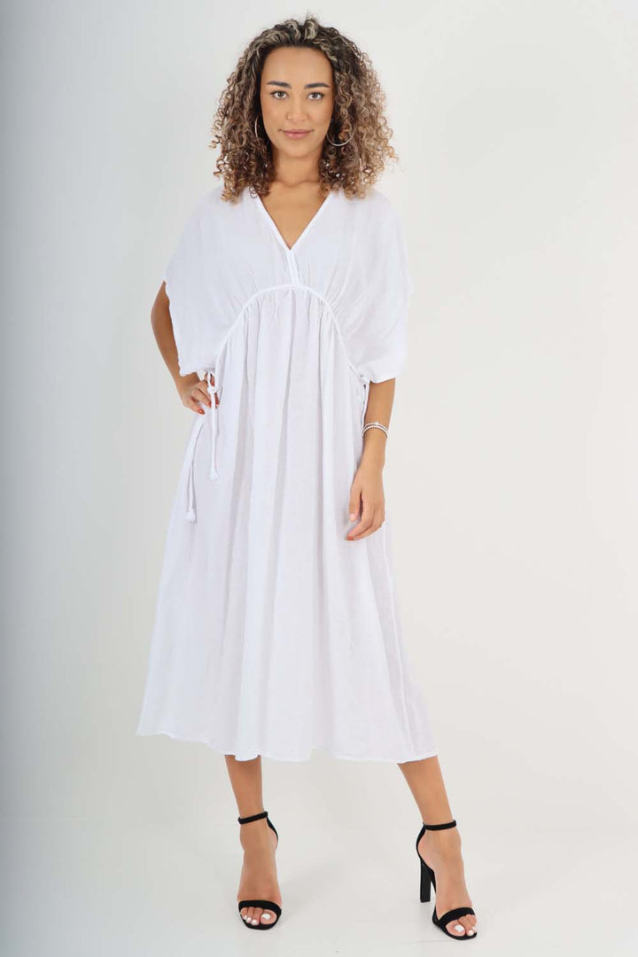 Italian Drawestring Front Flared Linen Dress