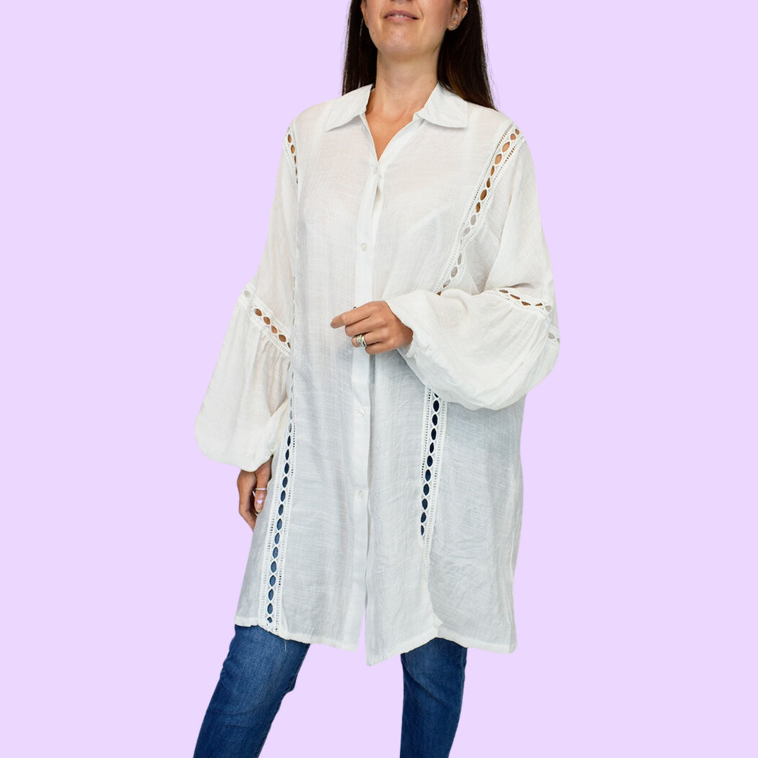 Puff Sleeve Crochet Trim Oversized Shirt