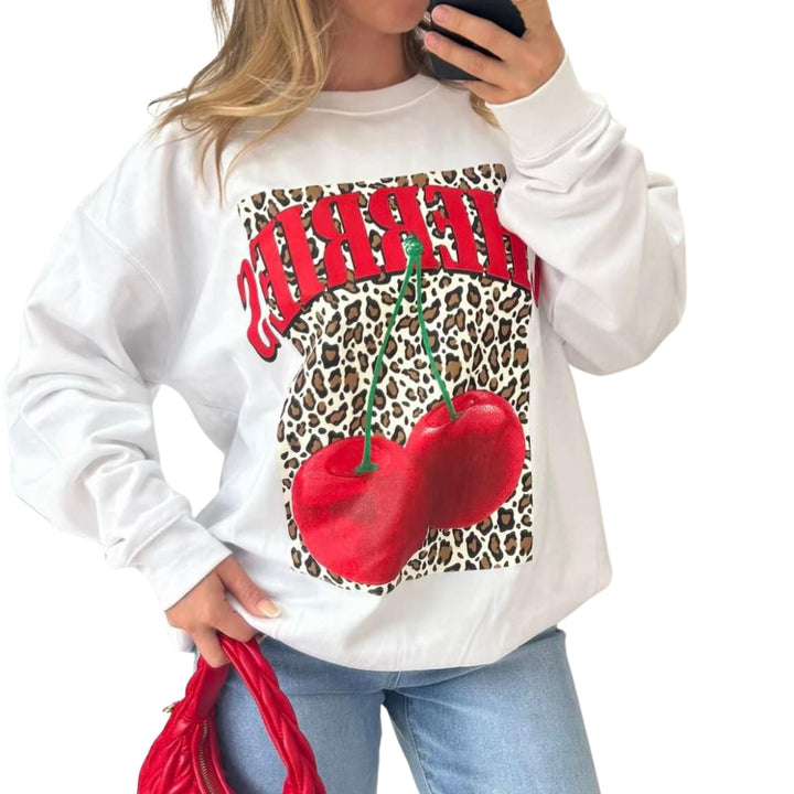 Ladies Long Sleeve Cherries Leopard Print Sweatshirt Jumper Dress