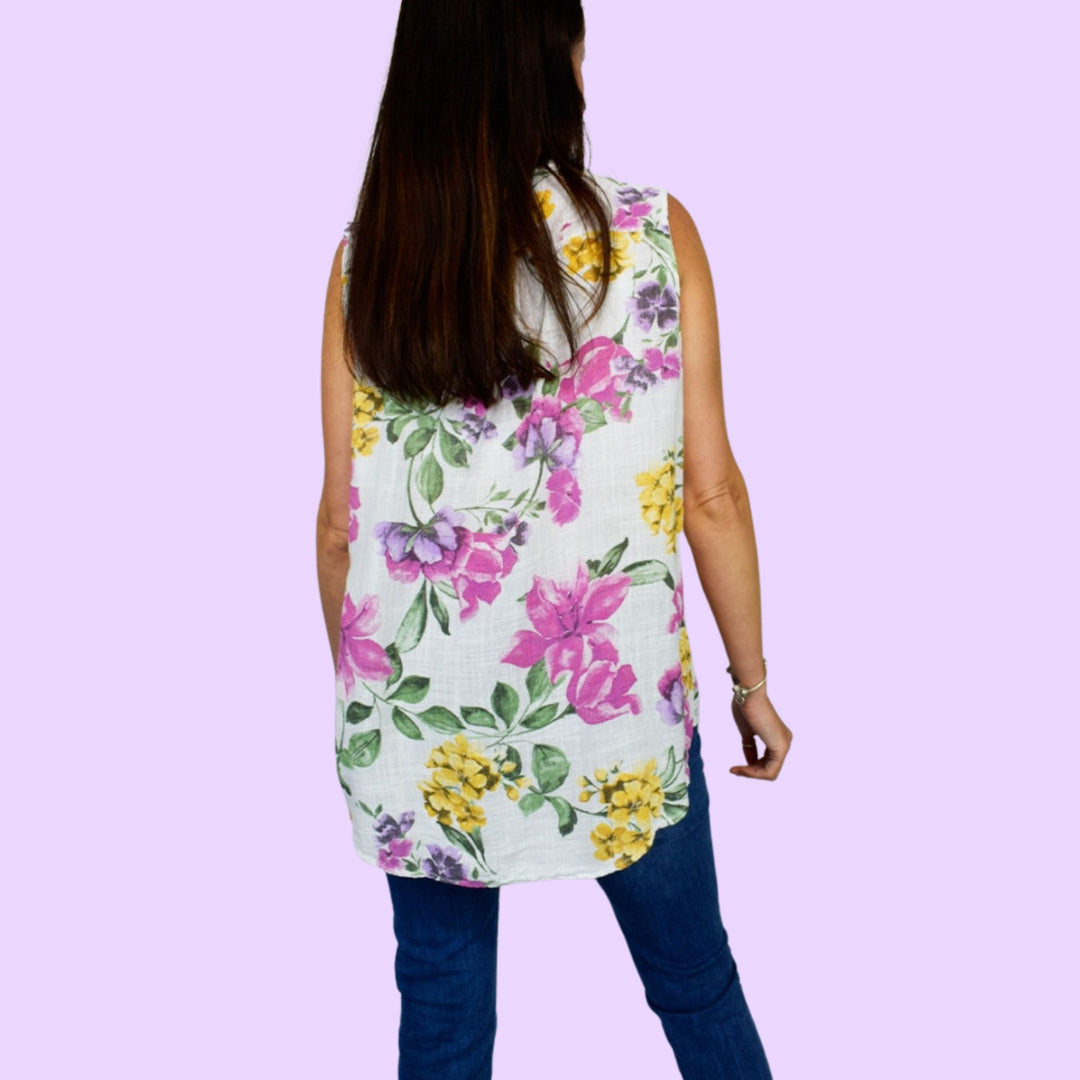 Floral Print Sleeveless Button Front Top