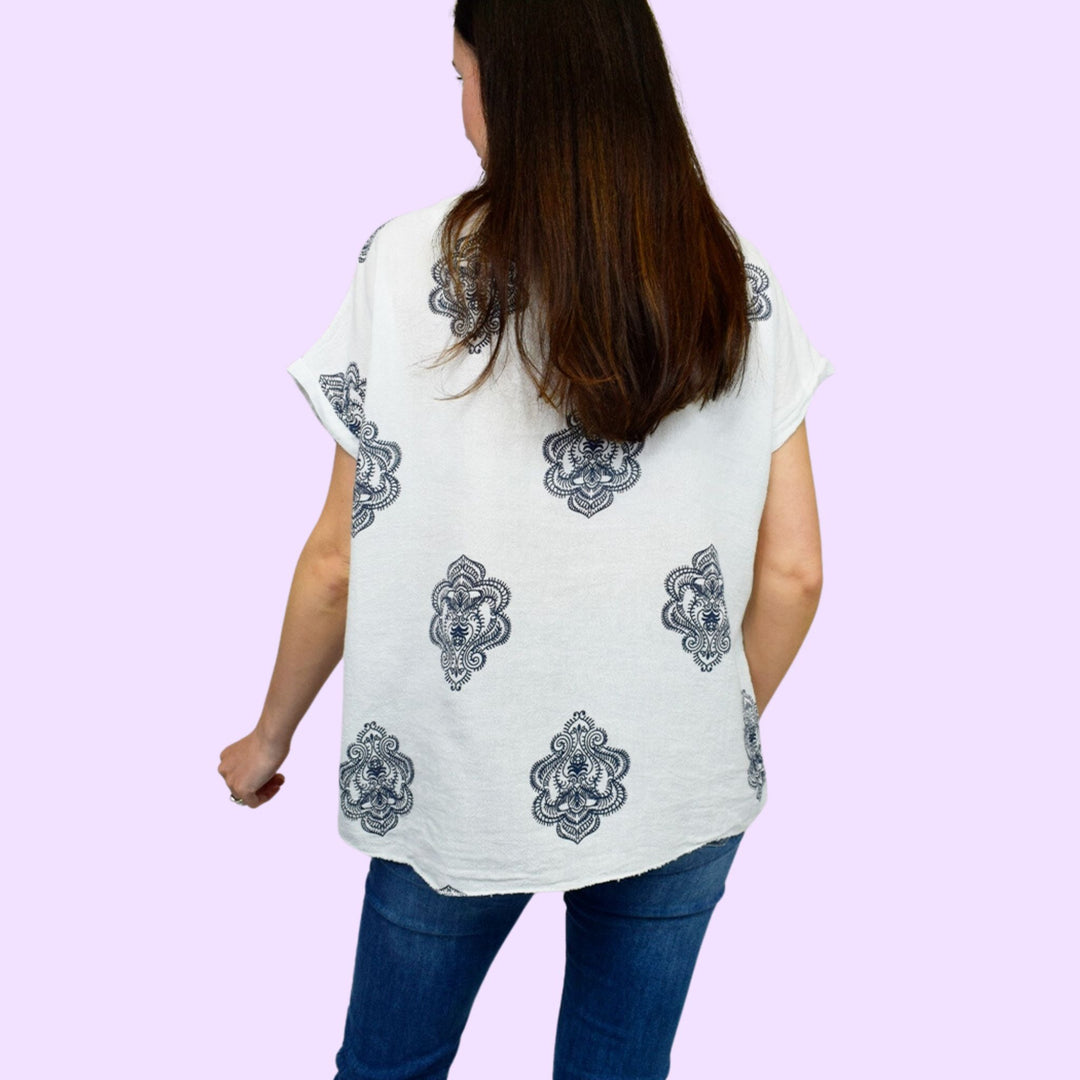 Paisley Print Sequin Hem Cotton Top