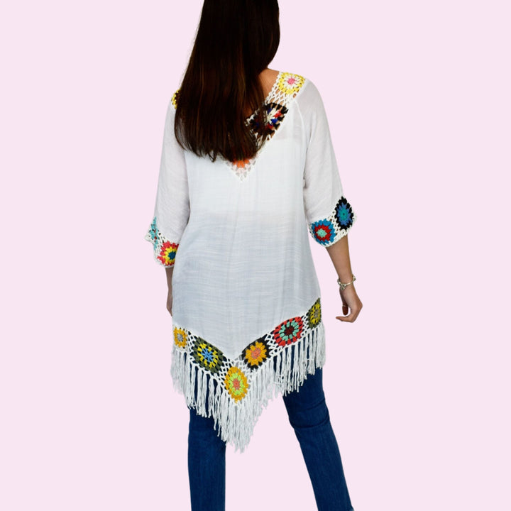 Coloured Crochet Tassel Trim Tunic Top