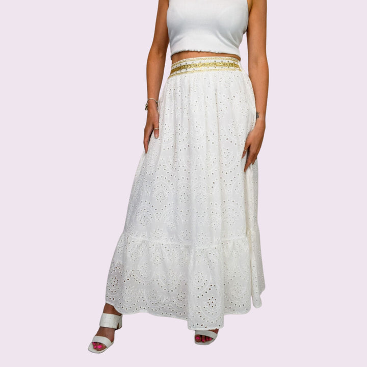 Gold Embroidered Broderie Anglaise Skirt