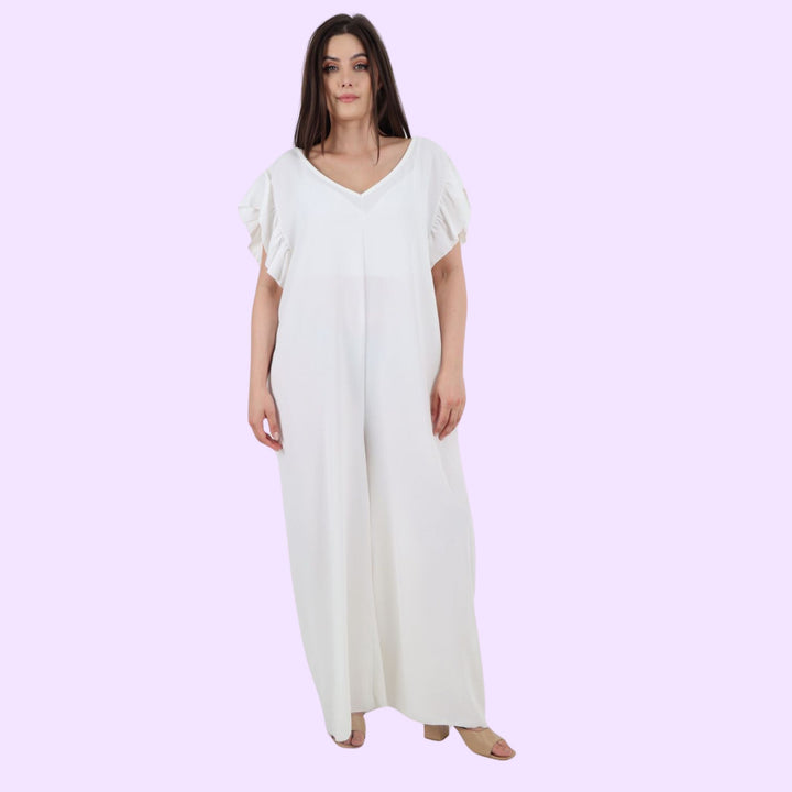 Italian Ruffled Sleeve Back Tie Open Wide Leg Jumpsuit