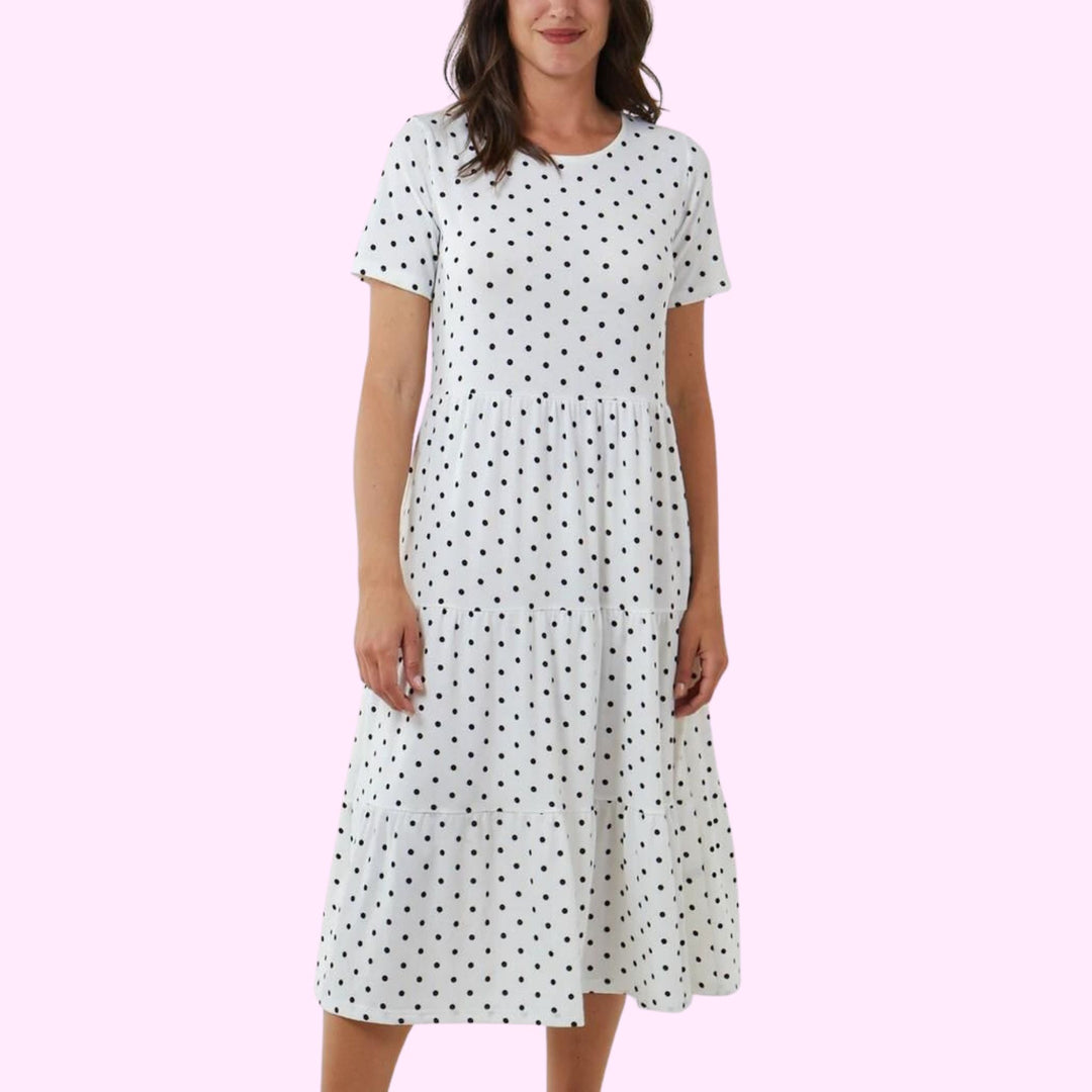 POLKA DOT SMOCK TIERED MIDI DRESS