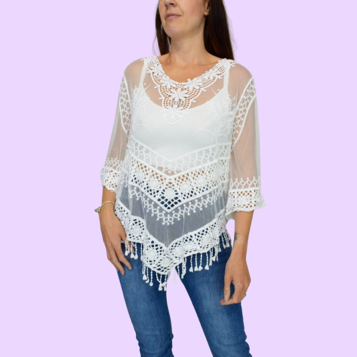 Crochet Mesh Tassel Hem Top