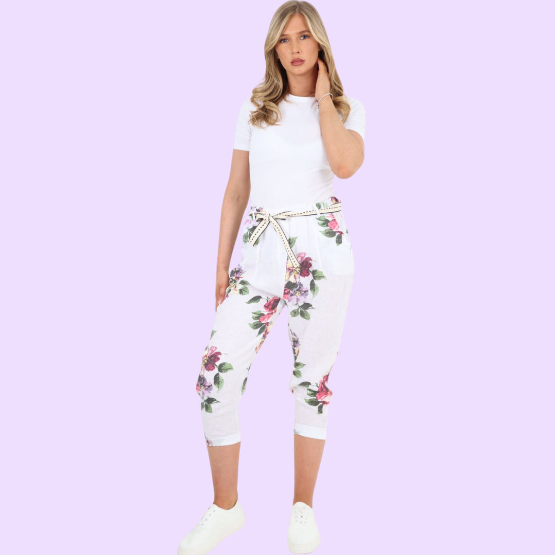 Italian Floral Belted Linen Trousers