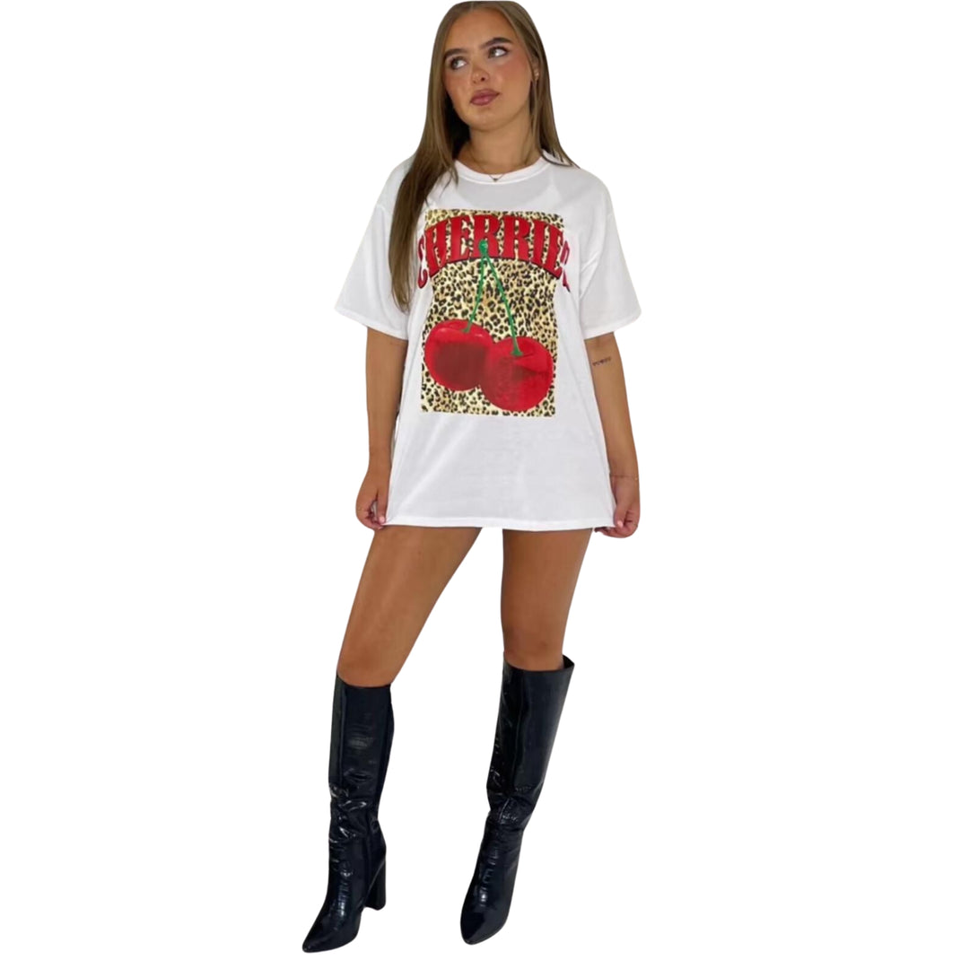 Ladies short sleeves leopard cherries oversized t shirt