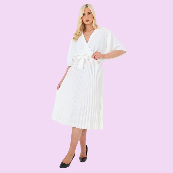 Pleated Belted Wrap Midi Dress