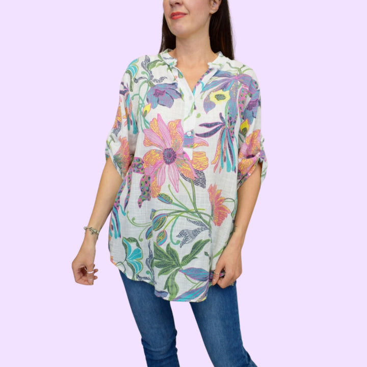 Floral Print Button Front Cotton Top