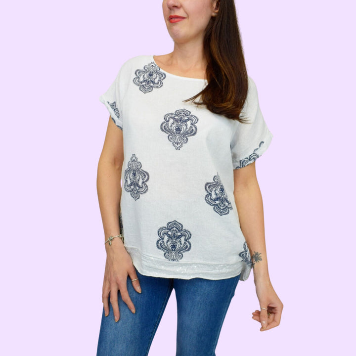 Paisley Print Sequin Hem Cotton Top