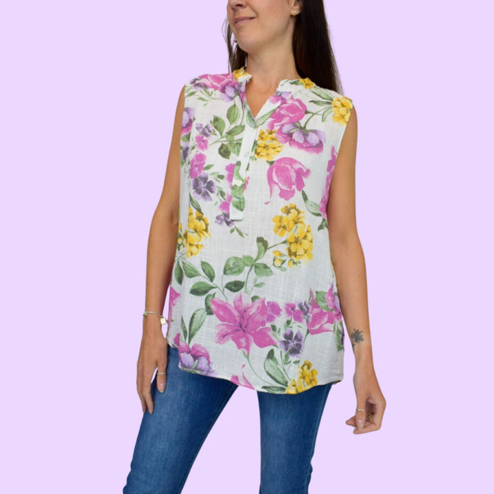 Floral Print Sleeveless Button Front Top