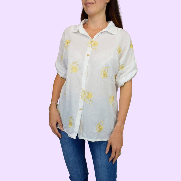 Gold Flower Embroidered Cotton Shirt