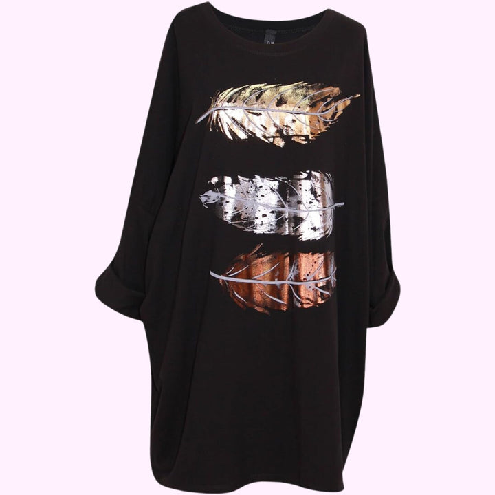 Italian Round Neck Long Sleeves Tunic Foil Print Top