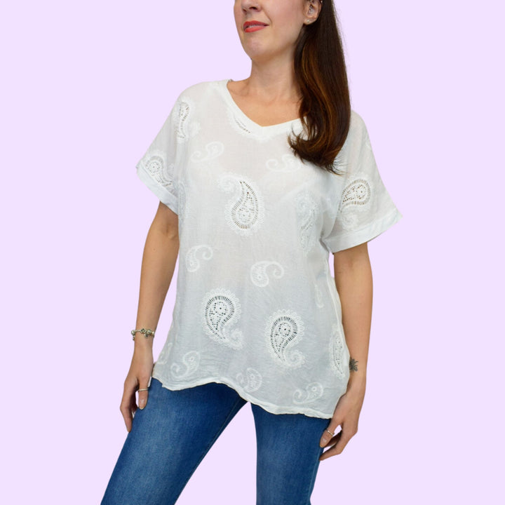 Paisley Embroidered V-Neck Cotton Top