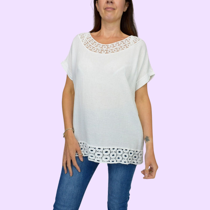 Crochet Neck And Hem Cotton Top