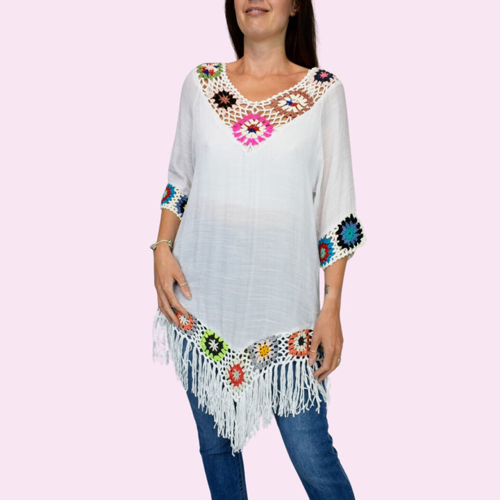 Coloured Crochet Tassel Trim Tunic Top