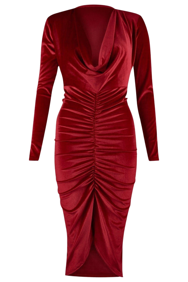 Velvet Ruched Bodycon Midi Dress