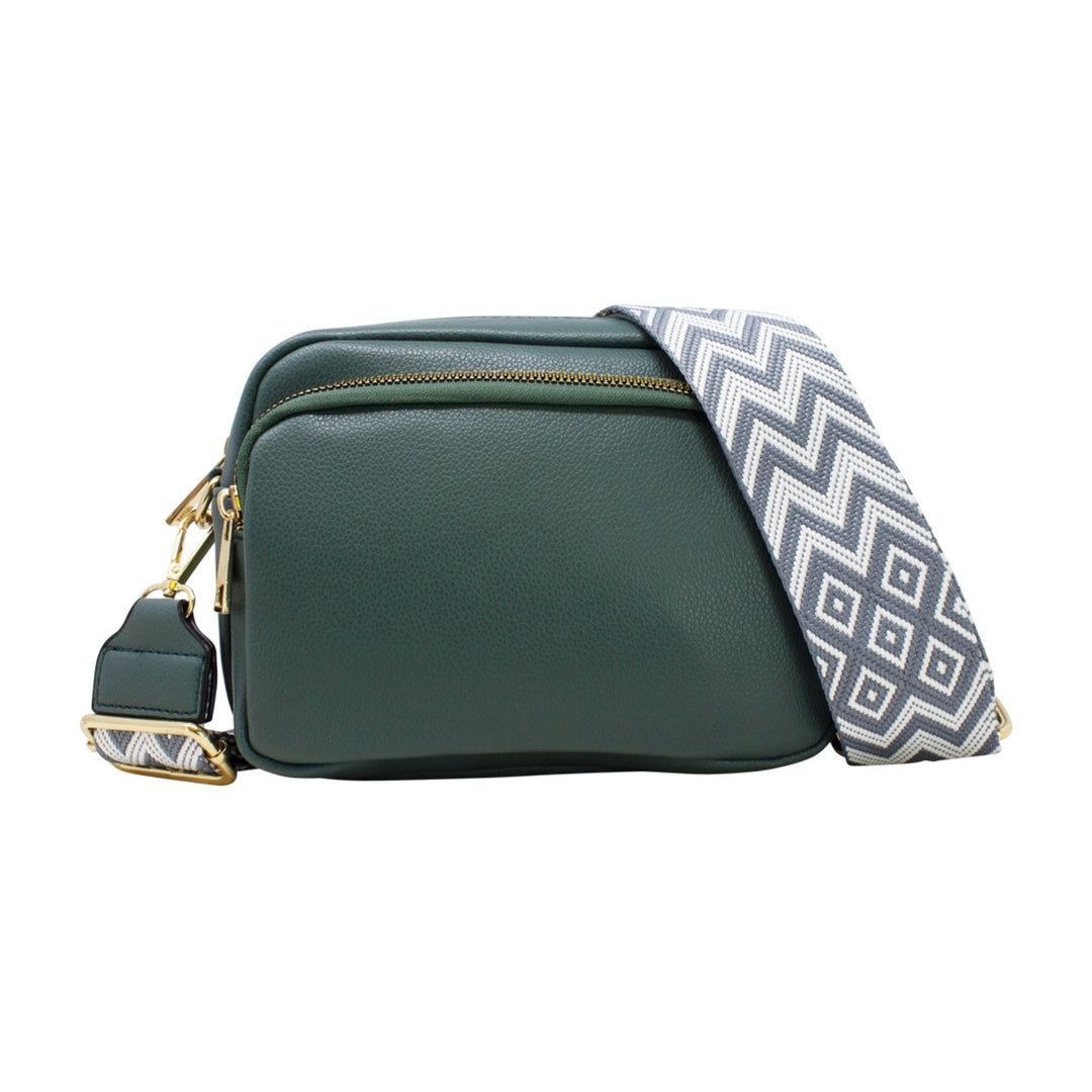 Plain Double-Zipper Camera Crossbody with Patterned Strap