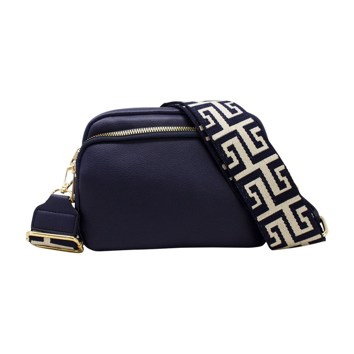 Plain Double-Zipper Camera Crossbody with Patterned Strap