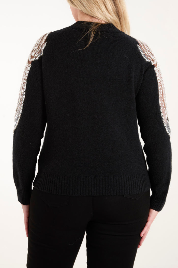 Diamante & Mesh Shoulder Knit Jumper