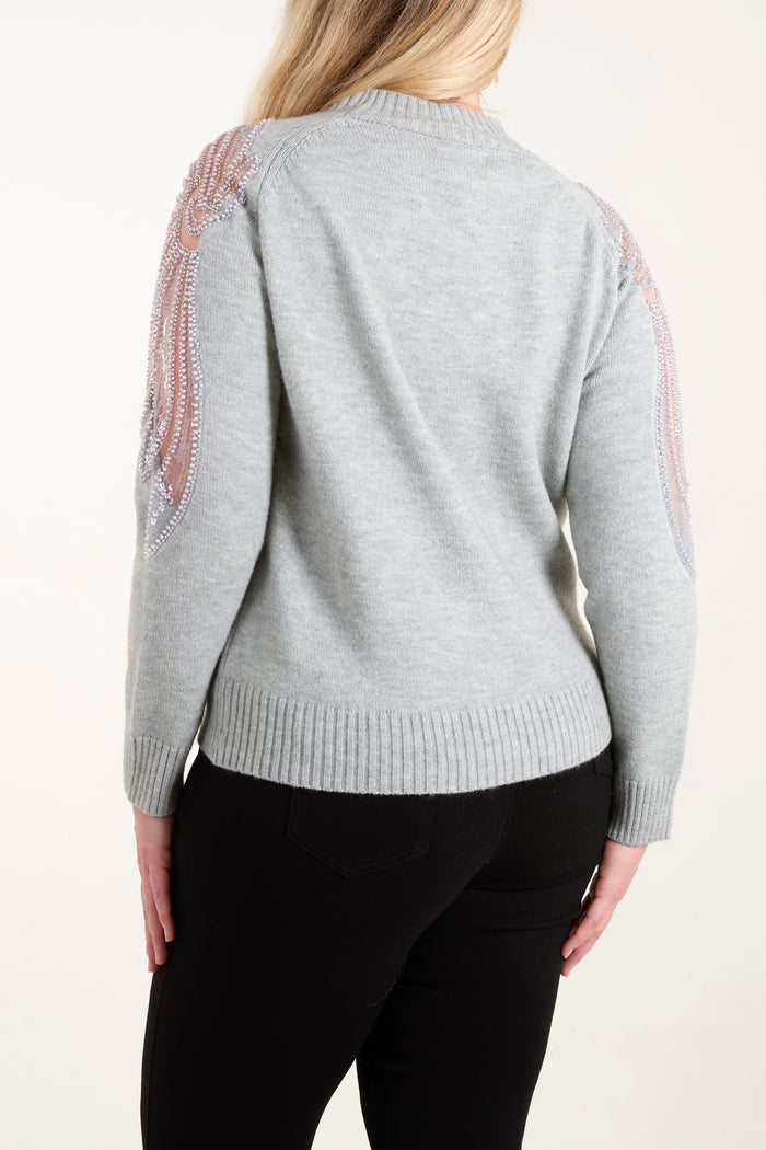 Diamante & Mesh Shoulder Knit Jumper