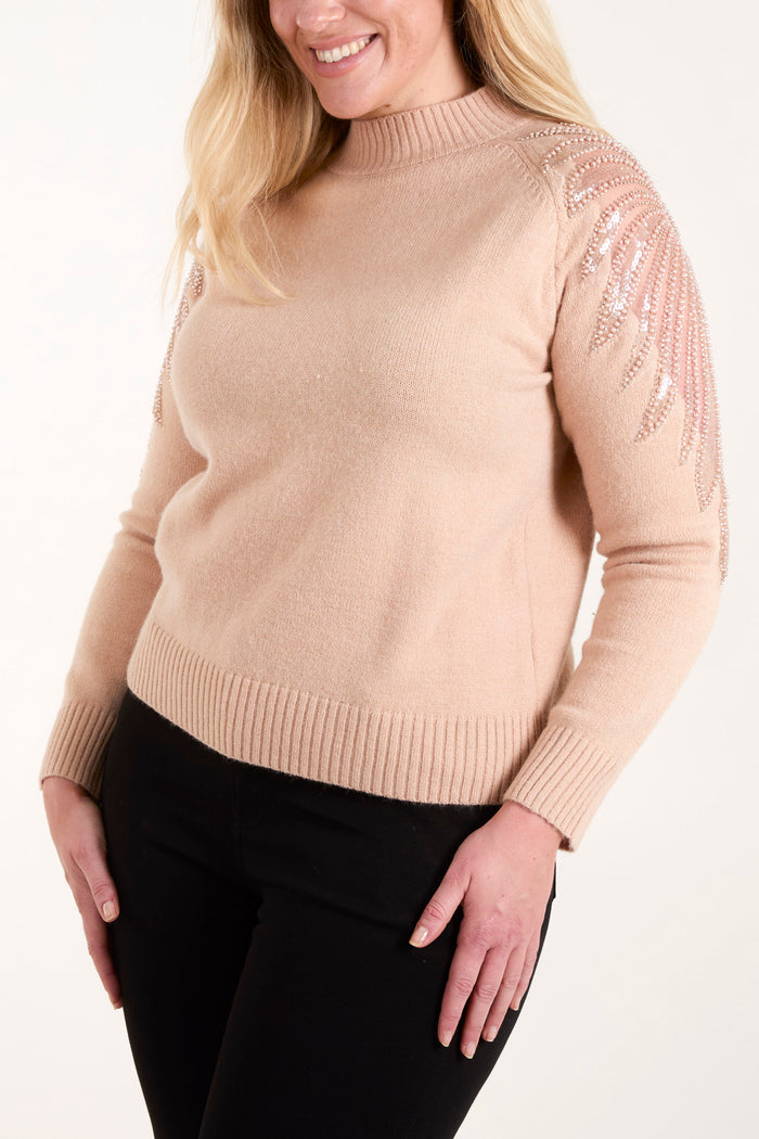 Diamante & Mesh Shoulder Knit Jumper