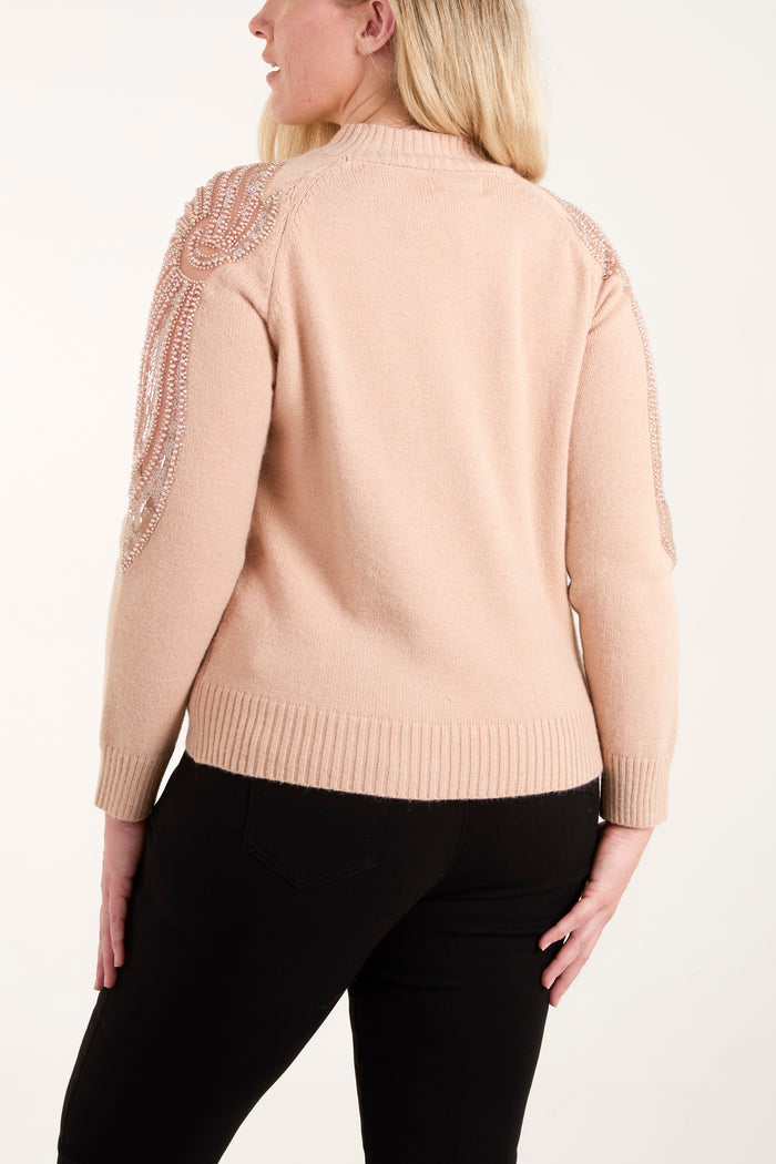 Diamante & Mesh Shoulder Knit Jumper