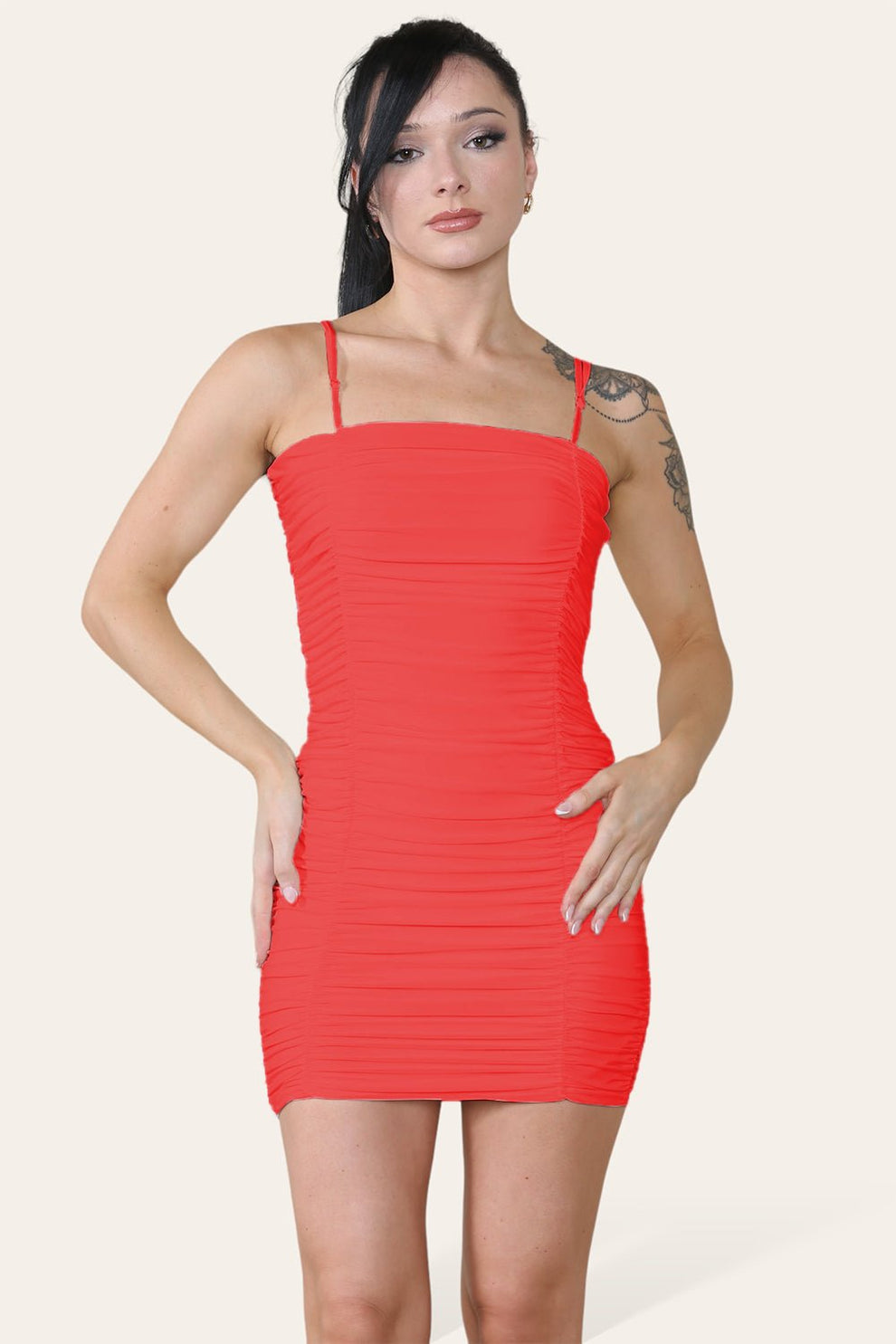 Double Layered Naked Shoulder Ruched Body-Con Cami Dress Mini Style