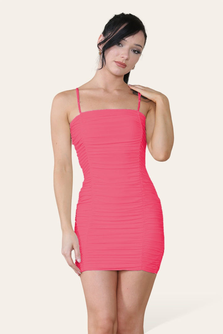 Double Layered Naked Shoulder Ruched Body-Con Cami Dress Mini Style