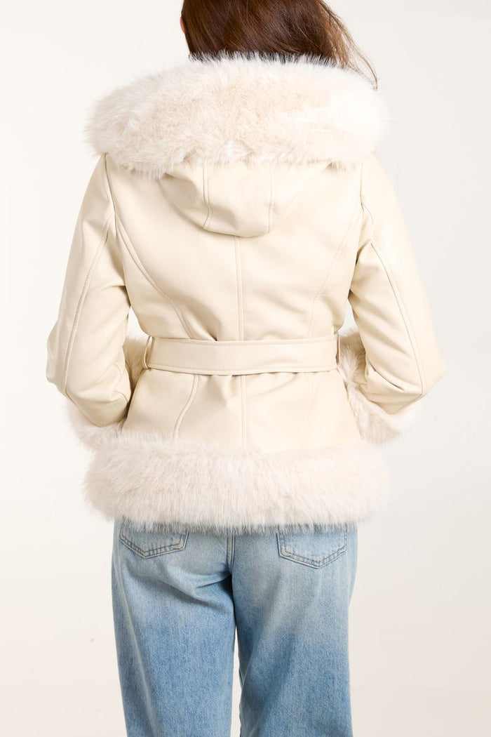 Pu & Faux Fur Zip & Belted Peplum Jacket