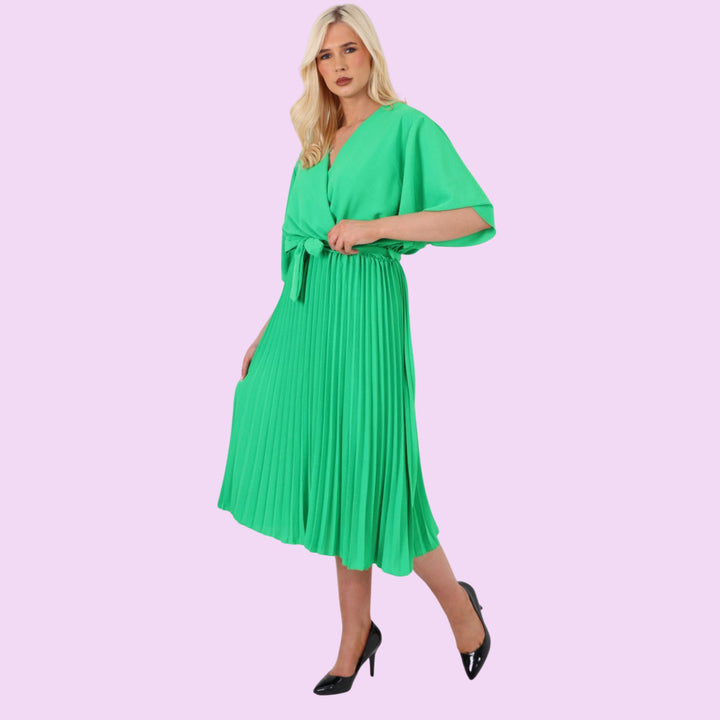 Pleated Belted Wrap Midi Dress