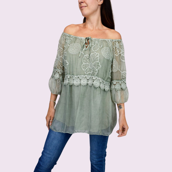 Floral Embroidered Silk Hem Italian Top