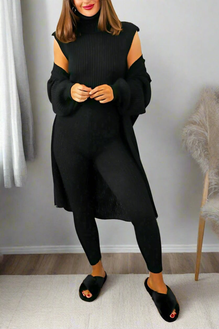 Ladies 3 Piece Suit Roll Neck Chunky Knitted Ribbed Tracksuit Lounge Set