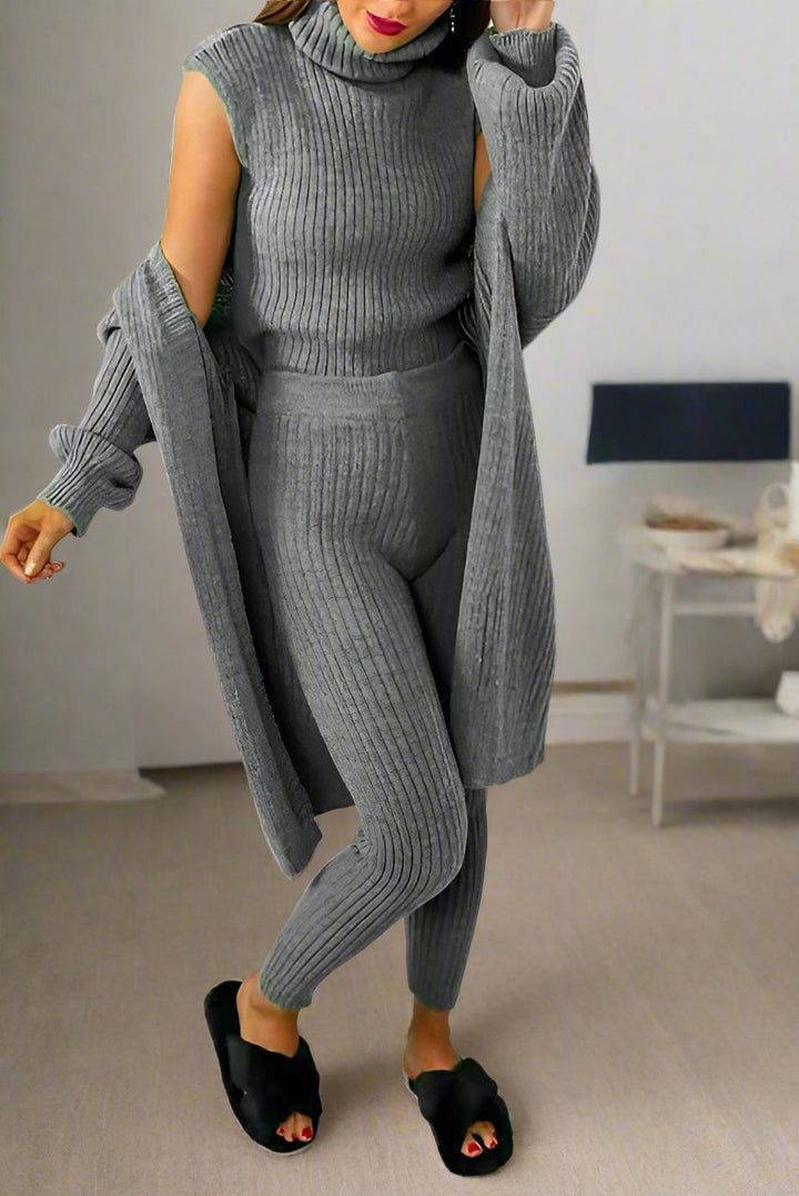 Ladies 3 Piece Suit Roll Neck Chunky Knitted Ribbed Tracksuit Lounge Set