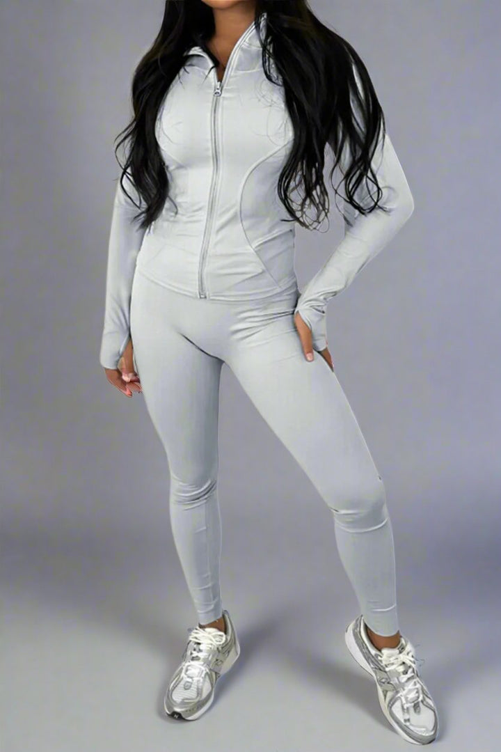 New Sports Zip Front Long Sleeves Top And Leggings Gym Set