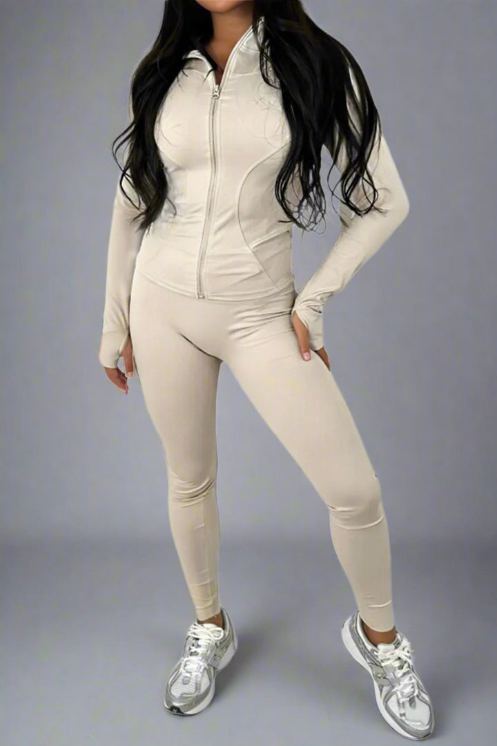 New Sports Zip Front Long Sleeves Top And Leggings Gym Set