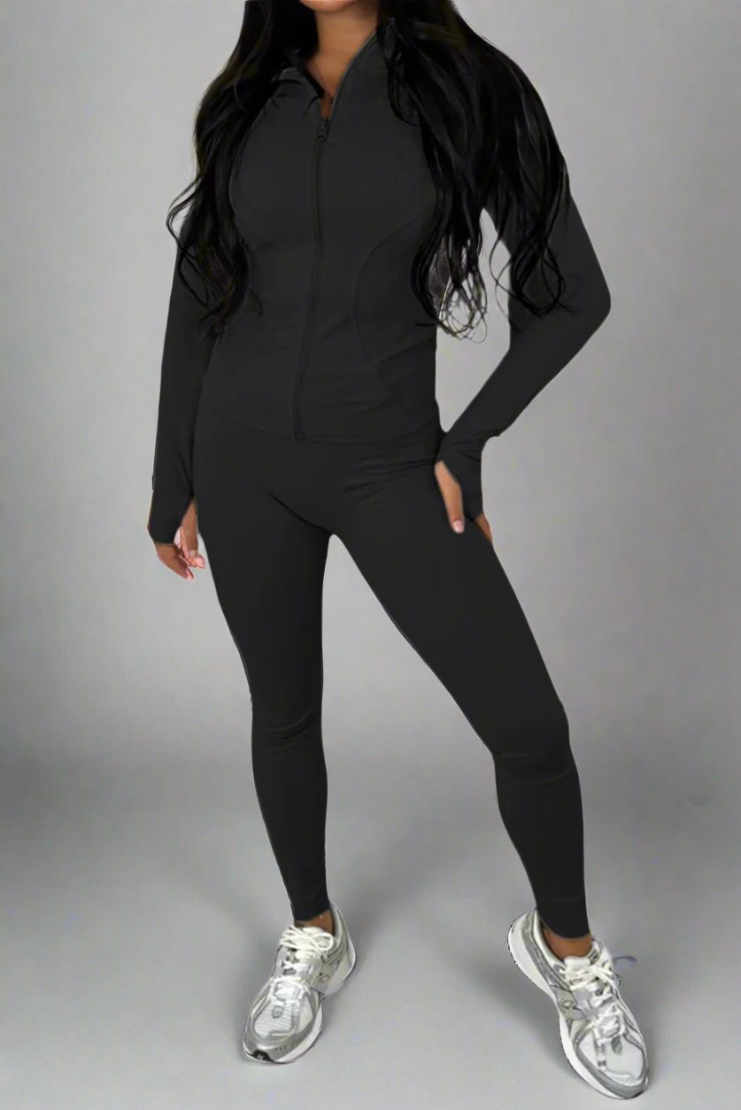 New Sports Zip Front Long Sleeves Top And Leggings Gym Set