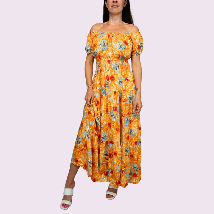 Gold Detail Bright Floral Button Front Maxi