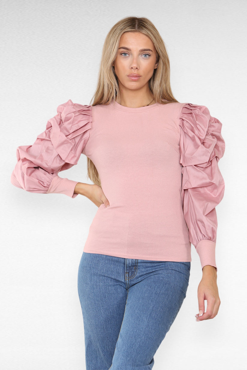 Oversized Puff Sleeves Ribbed Top