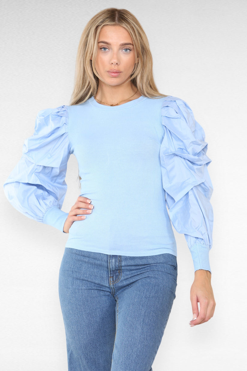 Oversized Puff Sleeves Ribbed Top