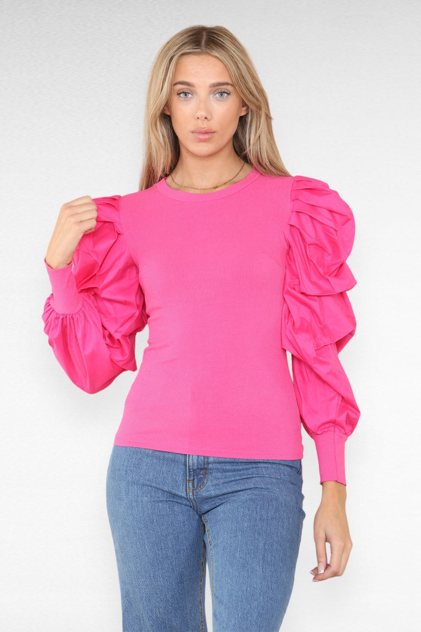 Oversized Puff Sleeves Ribbed Top