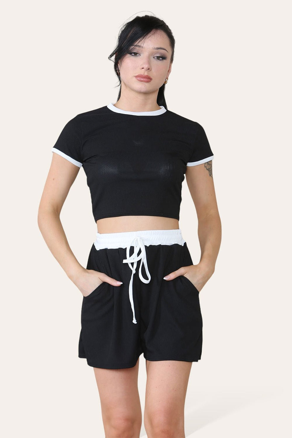 Ribbed Contrast Waistband Top and Short Set