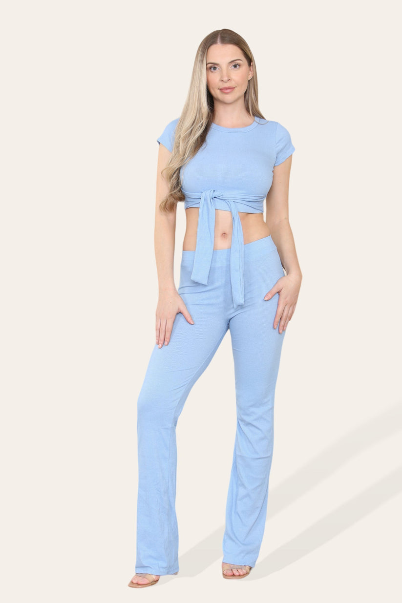 Tie Belt Front Cropped Loungewear Ribbed Trousers Set