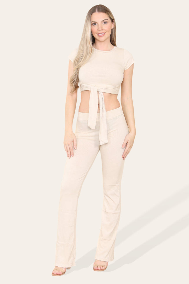 Tie Belt Front Cropped Loungewear Ribbed Trousers Set