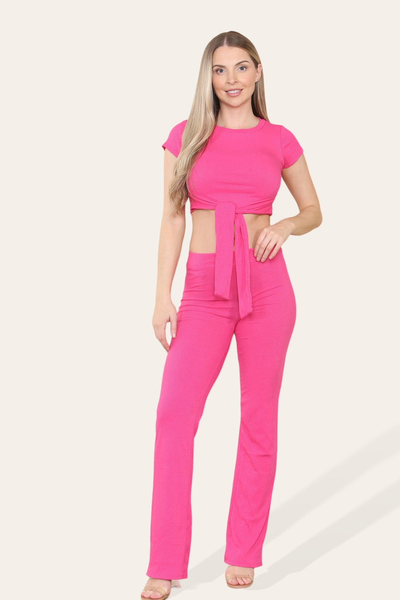 Tie Belt Front Cropped Loungewear Ribbed Trousers Set