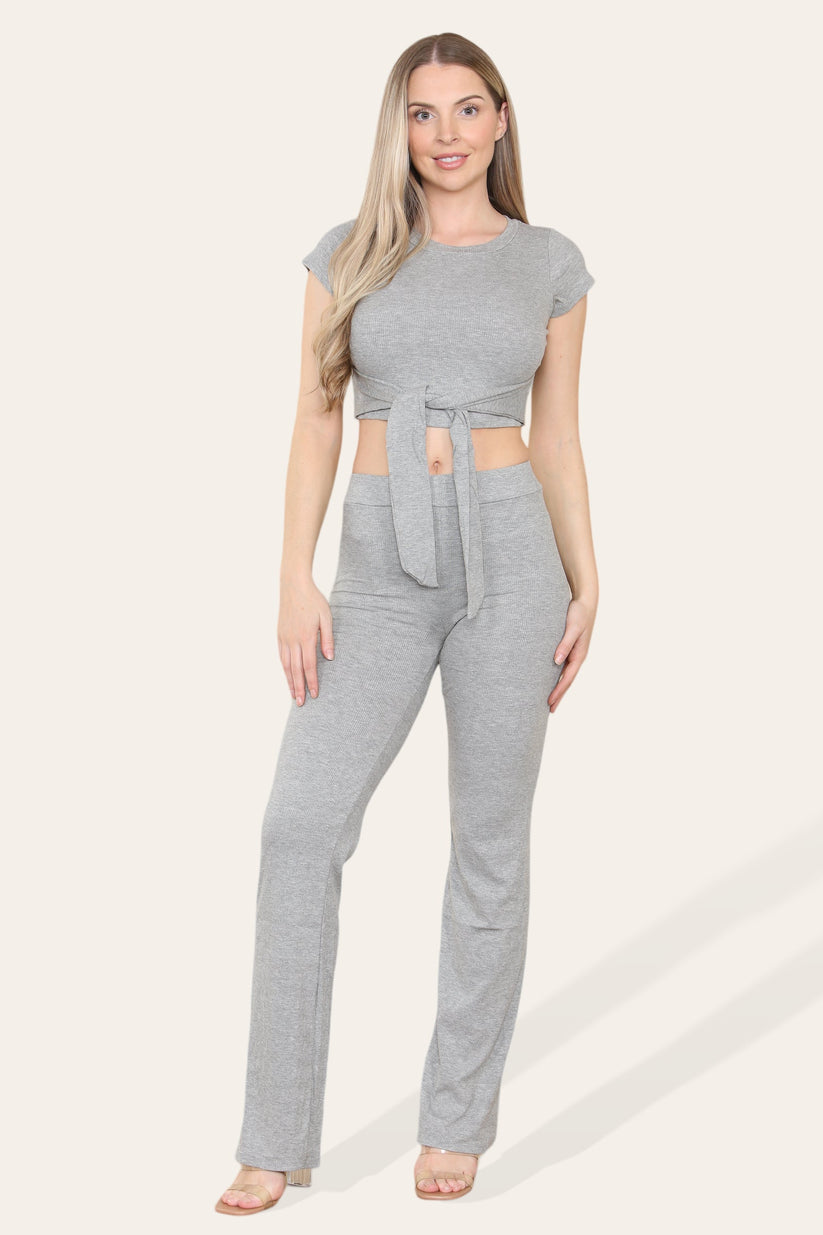 Tie Belt Front Cropped Loungewear Ribbed Trousers Set