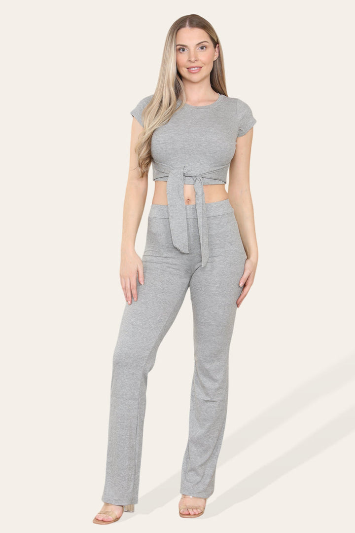 Tie Belt Front Cropped Loungewear Ribbed Trousers Set