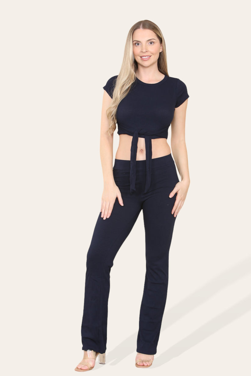 Tie Belt Front Cropped Loungewear Ribbed Trousers Set